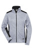 A grey knitted fleece jacket with black accents and a full zip, featuring a logo on the front.