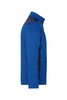 A blue knitted fleece jacket featuring a high collar and a contrasting panel. It has a logo on the sleeve.