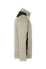 A men's knitted workwear fleece jacket in a light grey with black accents, featuring a side profile view and a logo.
