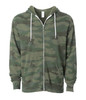 A unisex lightweight zip hood in green camouflage pattern with a front zipper and two side pockets. Features a logo.