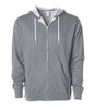 A grey unisex lightweight zip hood with a contrasting grey hood and drawstrings, featuring a logo.