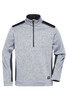 A grey knitted workwear fleece half-zip with black accents and a logo at the bottom. Features long sleeves and a zip collar.