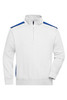 A white half-zip sweatshirt with blue accents on the shoulders, featuring a high collar and long sleeves.