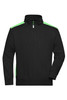 A black half-zip sweat jumper with green accents and a branded logo. Features a high collar and long sleeves.