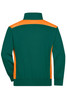 A green half-zip sweatshirt featuring an orange upper panel and a logo on the back.