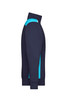 A navy half-zip sweat jumper featuring turquoise panels, designed for workwear. Includes a logo on the garment.