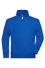 A blue half-zip sweatshirt with white shoulder stripes and a zippered neck, featuring a logo on the front.