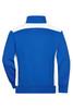 A blue half-zip sweatshirt with white panels on the shoulders and a collar. It features a logo on the front.