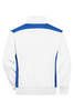 A white half-zip sweat jumper with blue side panels and a collar, featuring a branding logo.