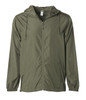 A lightweight windbreaker zip jacket in olive green with a hood and a front zipper. It features drawstrings for adjustment.