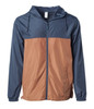 A lightweight windbreaker zip jacket in navy blue and brown, featuring a hood and side pockets, with a logo.