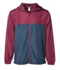 A lightweight windbreaker zip jacket in maroon and navy, featuring a hood and zip closure, with a logo on the front.