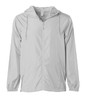 A light grey men's lightweight windbreaker zip jacket with a hood and drawstrings. It features a logo on the chest.