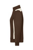 A brown and cream ladies workwear sweat jacket with a zip front and side pockets. It features a logo on the chest.