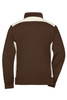 A brown and cream ladies workwear sweat jacket with a high collar and long sleeves. It features a logo.
