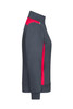 A ladies' workwear sweat jacket in grey with red accents, featuring a side view and pockets, complete with a logo.