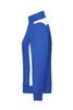A blue ladies workwear sweat jacket with white side panels and a high collar, featuring a logo.
