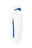 A white sweat jacket with blue accents, featuring a full zip and stand-up collar. It has a logo on the front.