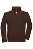 A brown sweat jacket with cream accents, featuring a zip front and a high collar. It has a branding logo on the chest.