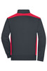 A men's workwear sweat jacket featuring a black body and red accents on the shoulders and collar. It has a logo on the back.
