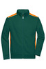 A green men's workwear sweat jacket featuring orange accents and a zip-up front. It has a logo on the chest area.