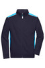 A navy work jacket featuring light blue accents, with a high collar and full-length zip, has a logo.