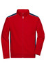 A red men's workwear sweat jacket with navy accents and a zip front. Features a logo on the chest.