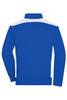 A blue men's workwear sweat jacket with white accents, featuring a collar and long sleeves. It includes a logo.
