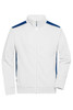 A white zip-up sweat jacket with blue accents on the shoulders and a high collar. Features a logo.