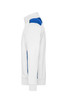 A white and blue men's workwear sweat jacket featuring a high collar and ribbed cuffs. It has a brand logo on the chest.