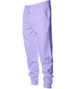 Midweight sweatpants in lavender with pockets and a waist drawstring. The pants feature a logo.