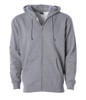 A grey heavyweight zip hoodie featuring a front zipper and two side pockets, with an adjustable drawstring hood.