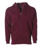 A maroon heavyweight zip hood with a front pocket and drawstring hood. It features a logo on the label.
