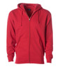 A red heavyweight zip hoodie featuring a front pocket and hood, with a logo on the chest.