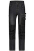 Stretch jeans in dark denim with contrasting black panels and multiple pockets, featuring a logo on the waistband.