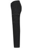 Black workwear cargo pants featuring multiple pockets and a sleek design, with a logo on the fabric.