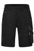 Black workwear bermudas with multiple pockets and a branded logo detail. Ideal for practical wear in various settings.