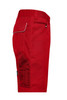 Red workwear bermudas featuring multiple pockets and a logo on the waistband. Side view highlighting the design.
