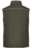 A dark green softshell light vest with a collar and white piping, featuring a logo on the back.