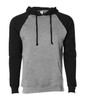 A unisex pullover with a grey body and black raglan sleeves, featuring a front pocket and a hood.