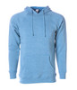 A blue unisex pullover hoodie featuring a front pocket and a drawstring hood. It has a logo on the label.