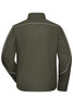 A lightweight softshell jacket in olive green with white piping and a branding logo on the back.