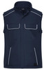 A navy softshell vest featuring two chest pockets, side pockets, and contrasting white piping. It has a logo on the front.