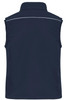 A navy blue softshell vest featuring a collar and a logo. The back includes a white accent detail.