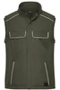 An olive green softshell vest with white piping, featuring two chest pockets and two side pockets.