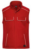 A red softshell vest featuring two front pockets and contrast piping, with a logo on the hem.