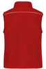 A red softshell work vest with a collar and white piping detail, featuring a logo on the back.