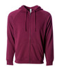 A unisex zip hoodie in a rich burgundy colour, featuring a full zip and front pockets. It has a logo on the label.