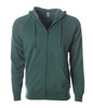 A green unisex zip hoodie with a front pocket and a hood. It has a logo on the label inside.