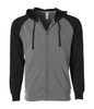 A unisex zip hoodie in grey with black sleeves, featuring a hood and front pockets. It has a branding logo.